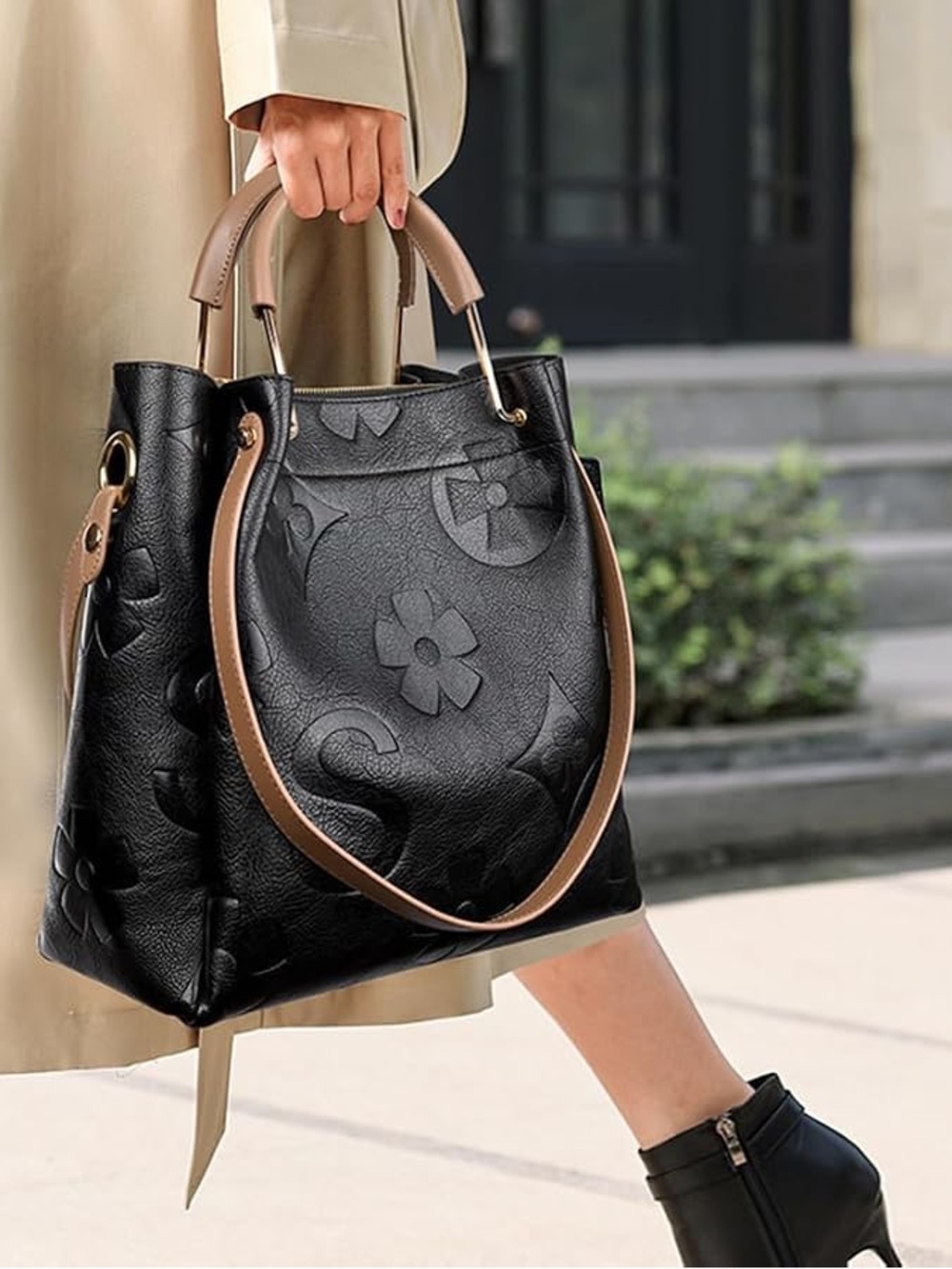 Black Vegan Leather Embossed Tote Bag with Tan Handles